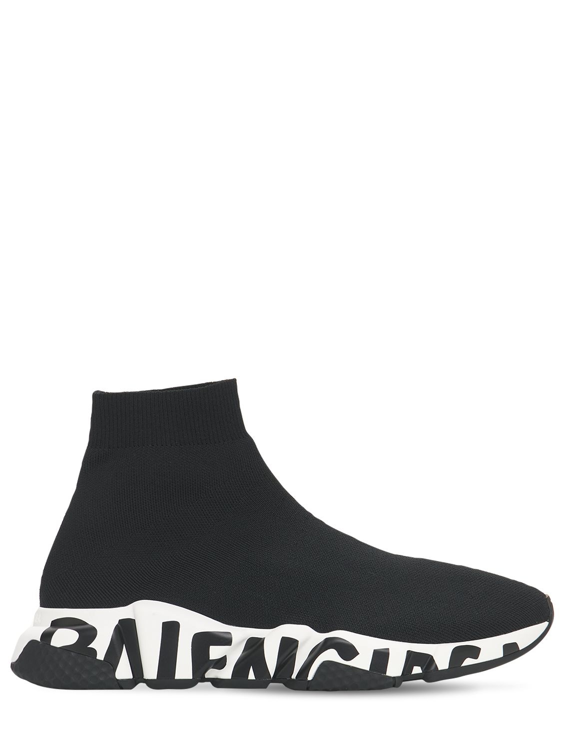 Balenciaga Speed Graffiti Knit Sock Runner Sneakers In Black,white