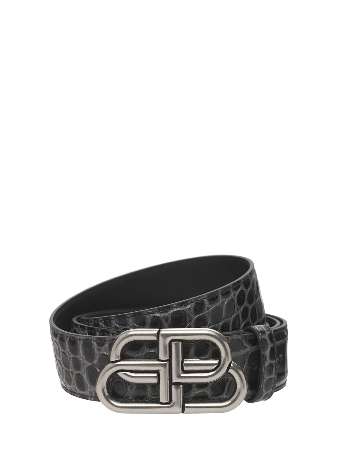 Shop Balenciaga 2.8cm Bb Logo Croc Embossed Leather Belt In Dark Grey