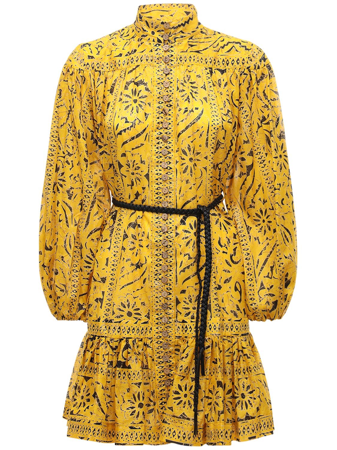 Zimmermann Lulu Belted Ruffled Printed Cotton Mini Dress In Yellow
