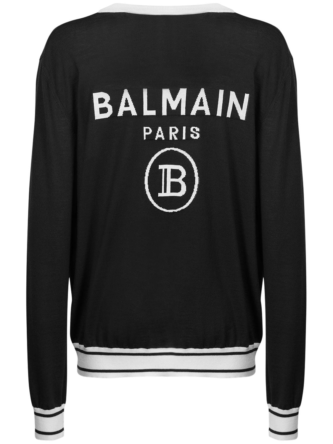Balmain Logo Intarsia Wool Knit Cardigan In Black,white