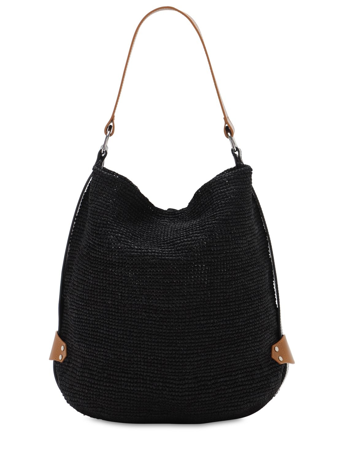 Isabel Marant Bayia Leather-trimmed Woven Raffia Bucket Bag in Gray