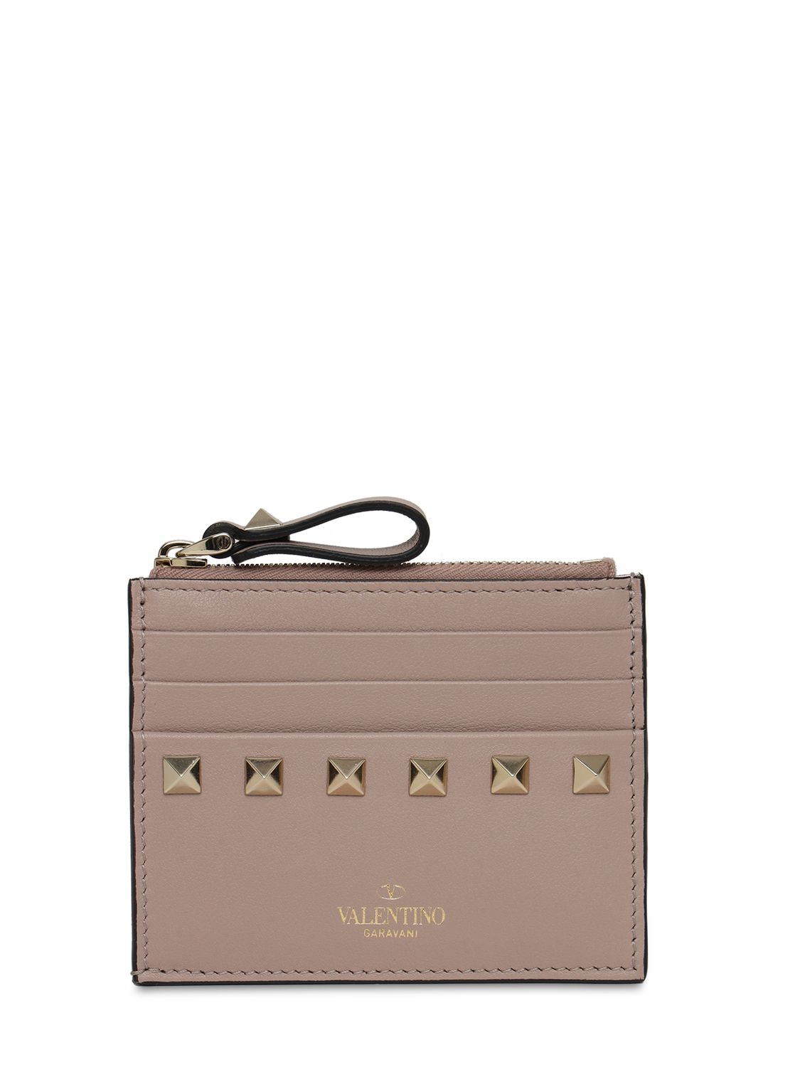 Shop Valentino Rockstud Leather Card Holder In Poudre