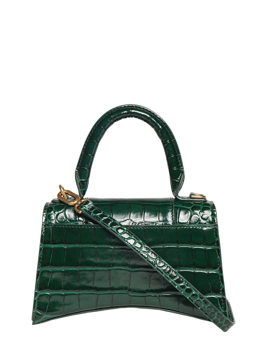 Shop Balenciaga Xs Hourglass Croc Embossed Leather Bag In Forest Green