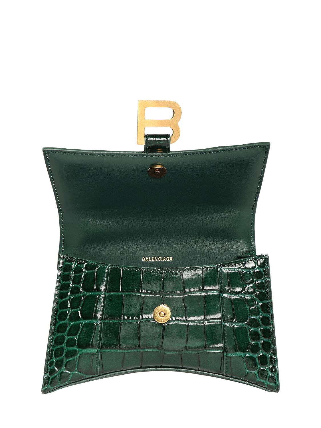 Shop Balenciaga Xs Hourglass Croc Embossed Leather Bag In Forest Green