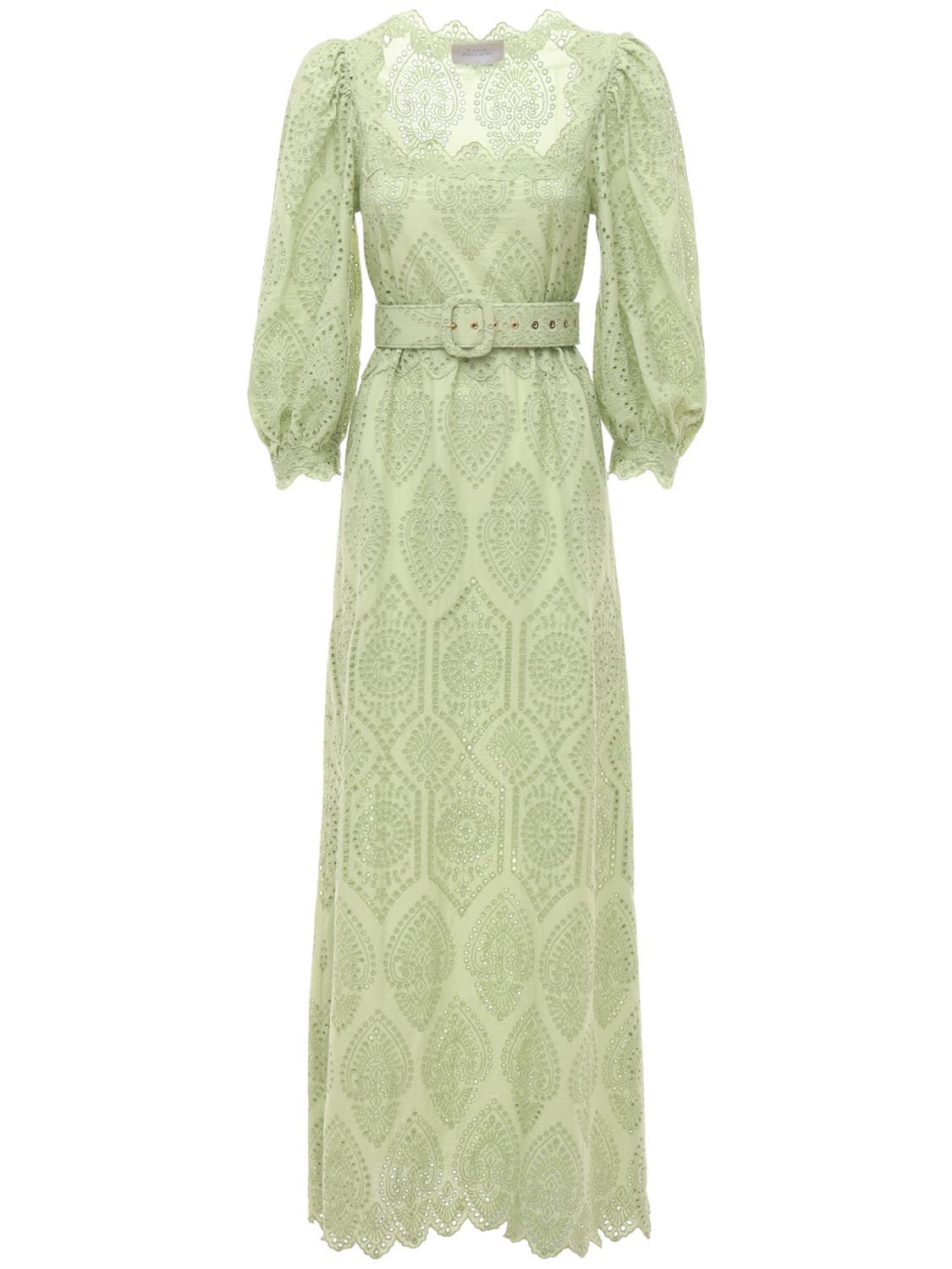 Luisa Beccaria Cotton Eyelet Long Dress W/ Belt In Light Green