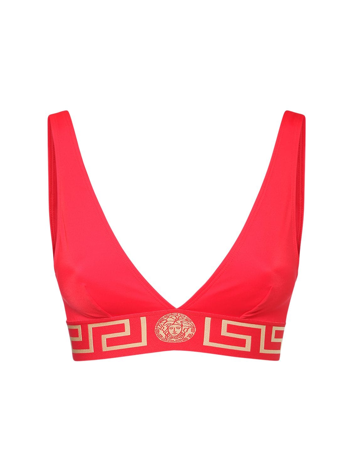 Shop Versace Triangle Bikini Top W/ Greek Motif In Red