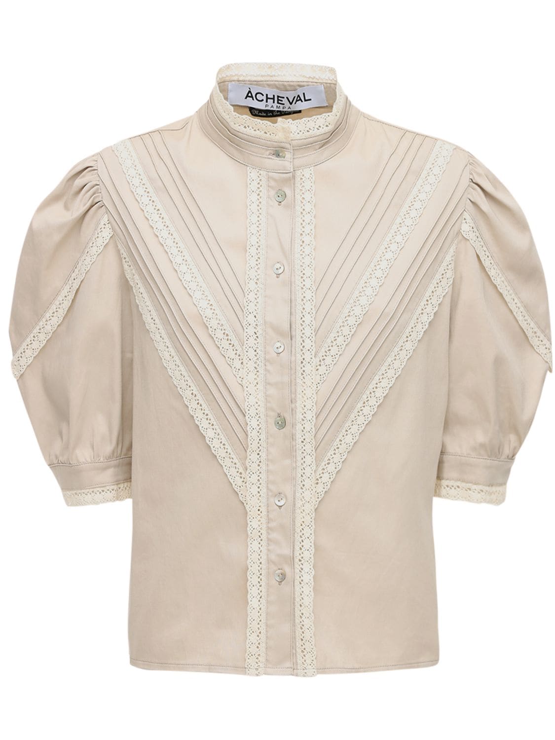 Acheval Pampa + Net Sustain Yegua Pleated Lace-trimmed Stretch-cotton Poplin Blouse In Neutrals