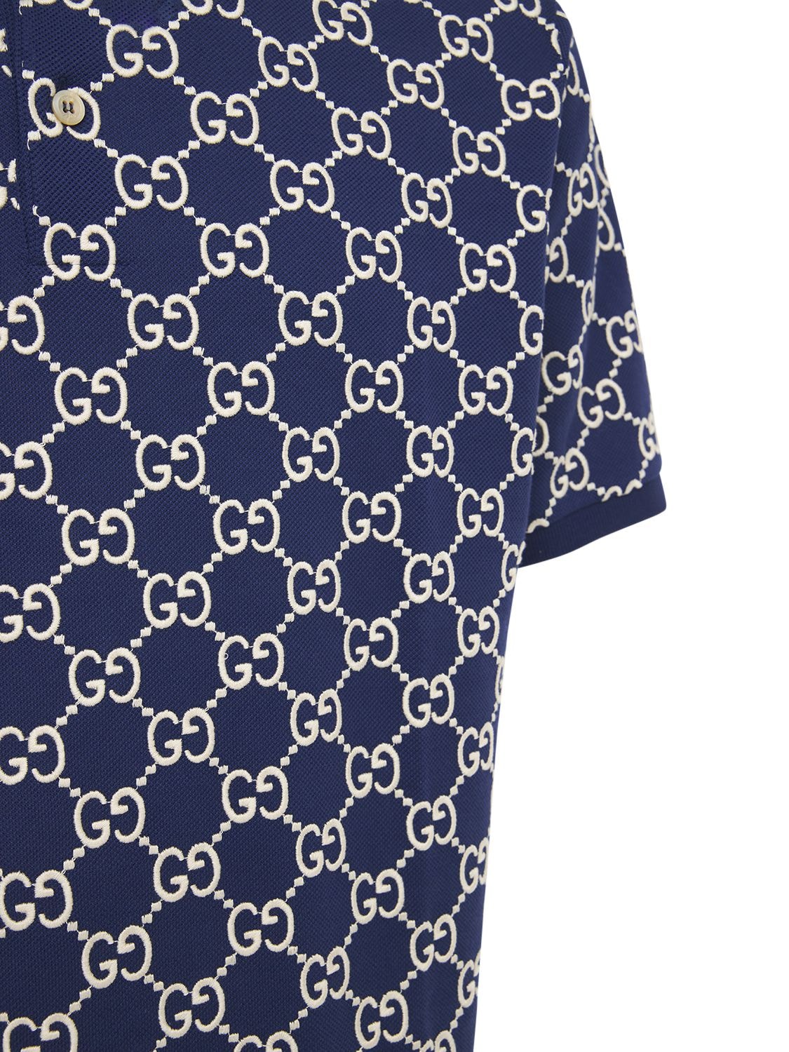 Shop Gucci Gg Jacquard Stretch Cotton Blend Polo In Blue