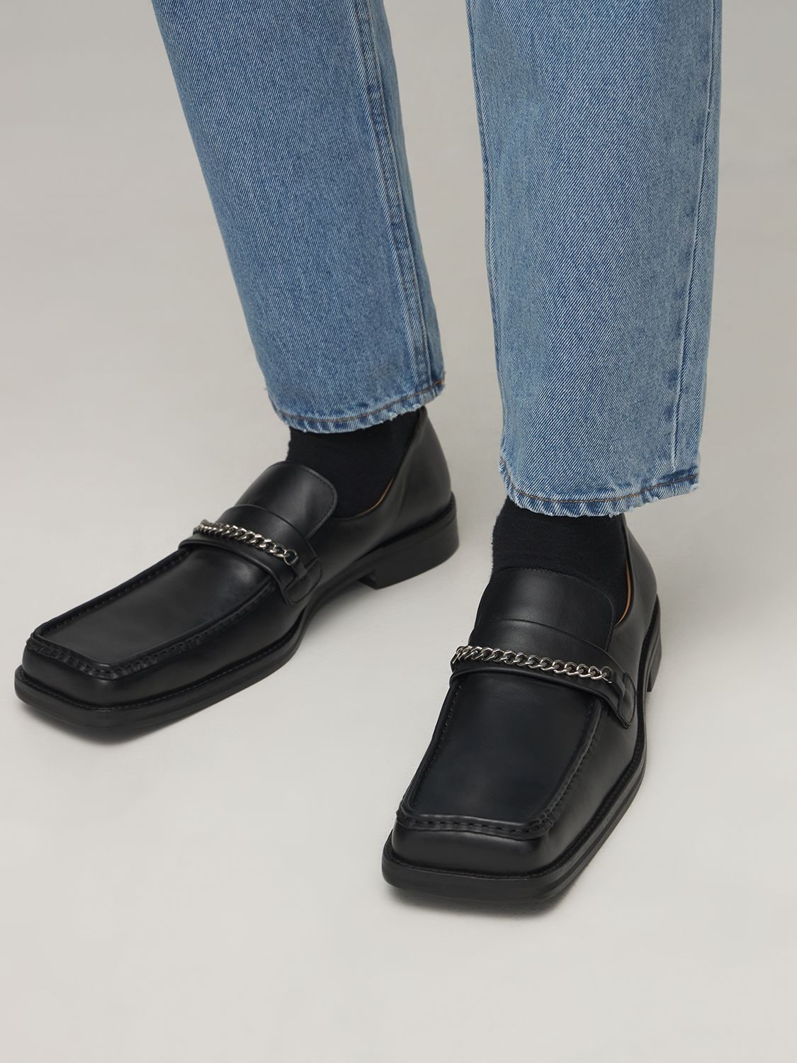 3.5cm Leather Square Toe Loafers In Black High Shine