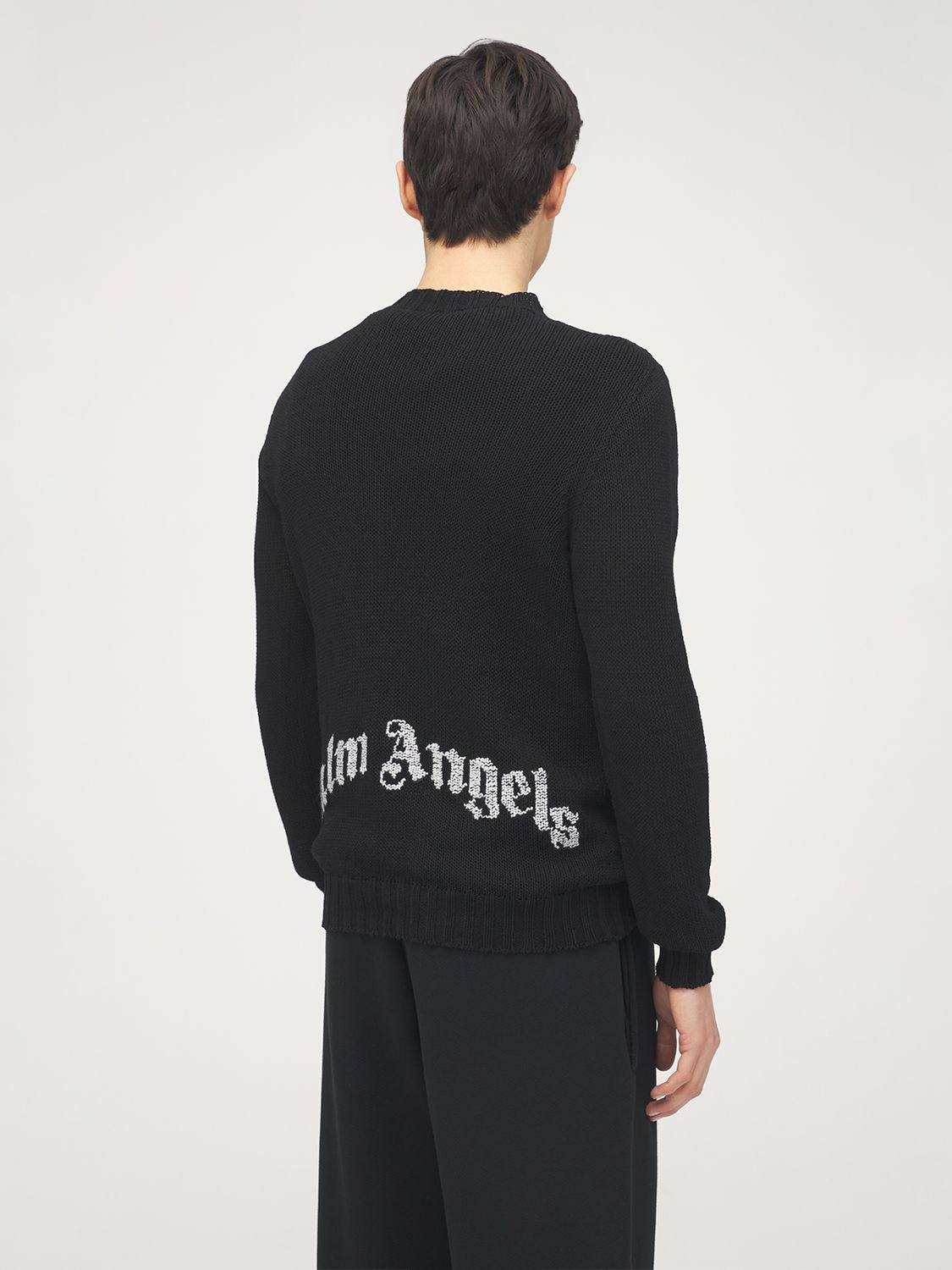 Shop Palm Angels Curved Logo Wool Blend Knit Sweater In Black,white