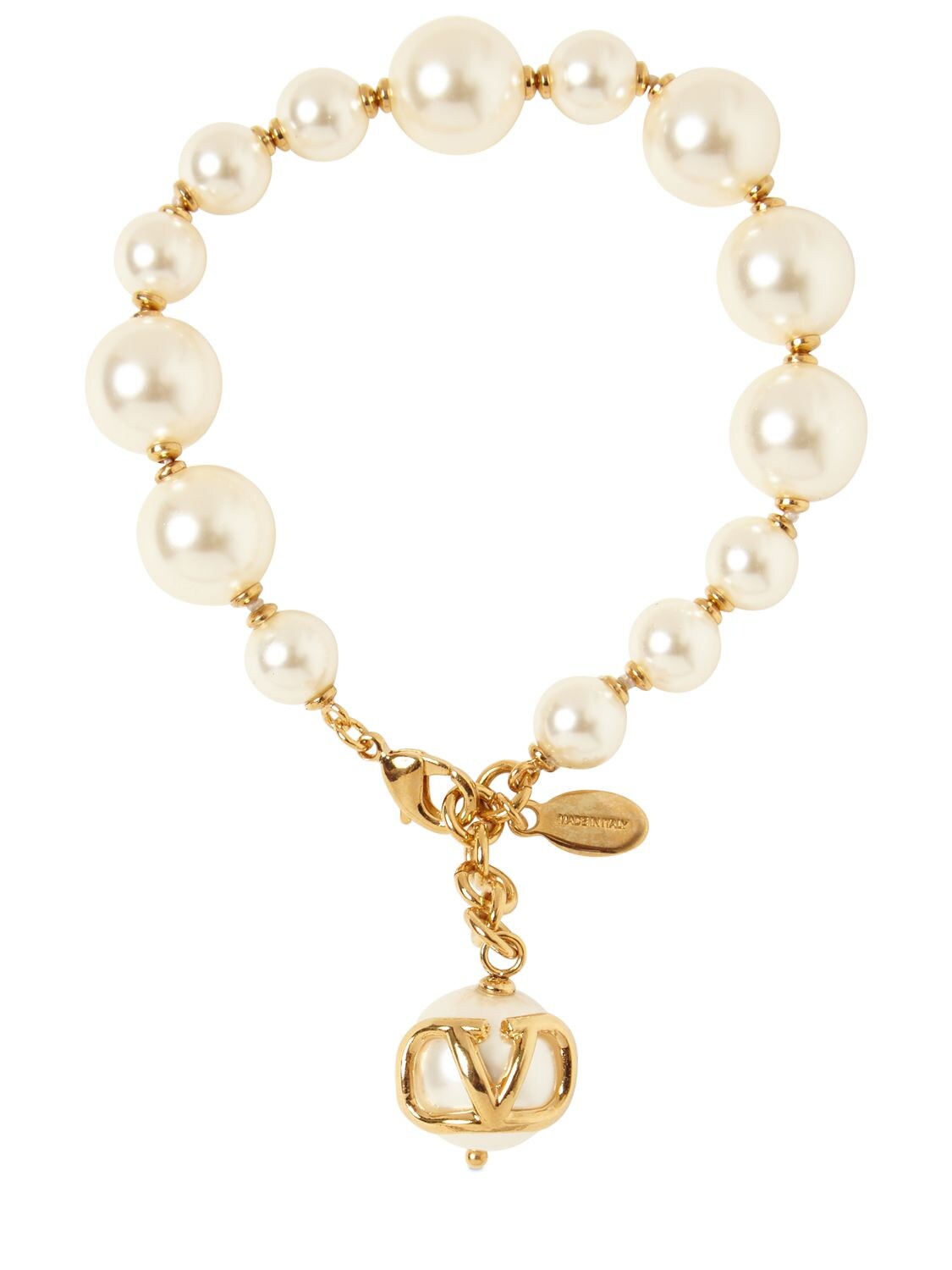 Valentino Garavani V Logo & Faux Pearl Bracelet In White,gold
