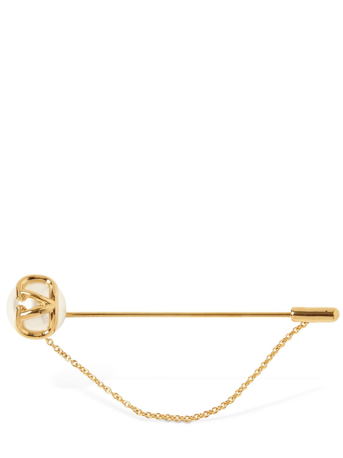 Valentino Garavani V Logo & Faux Pearl Brooch In Gold,white