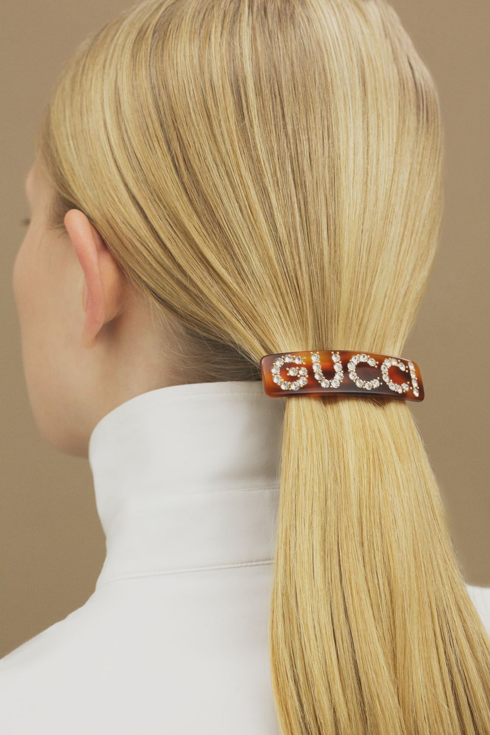 Shop Gucci Crystal Logo Hair Barrette In Brown,crystal