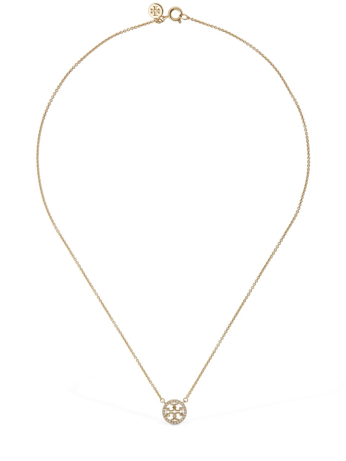 Tory Burch Delicate Crystal Logo Pendant Necklace In Gold,crystal