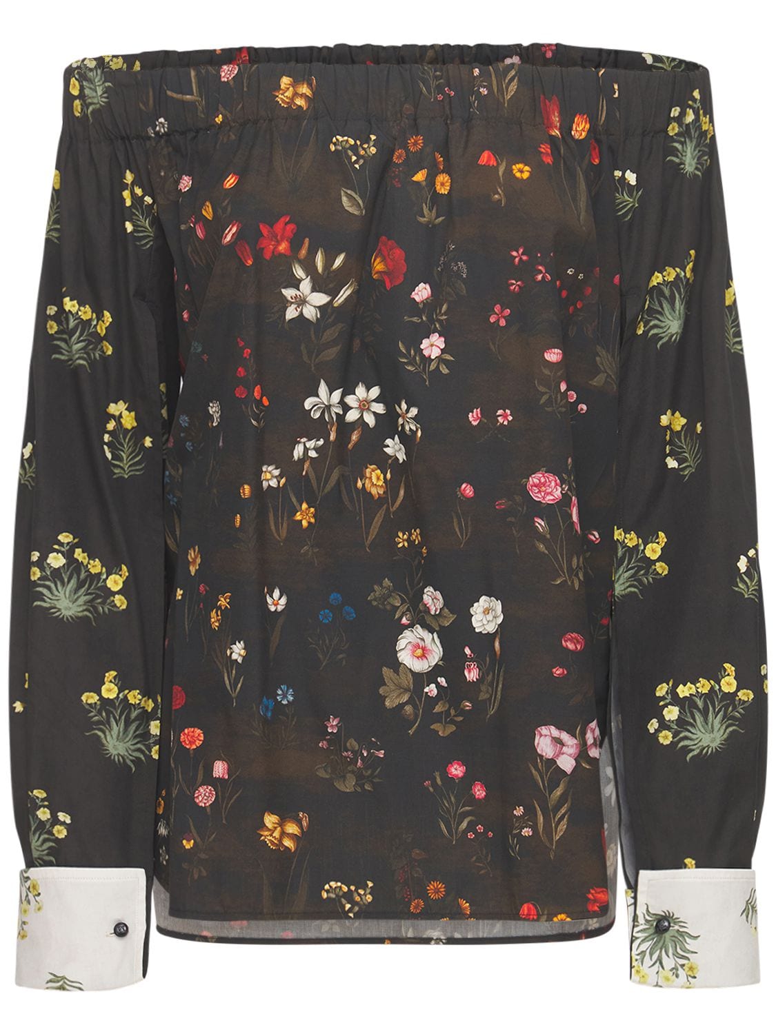 Max Mara Floral Print Cotton Poplin Shirt In Black,multi