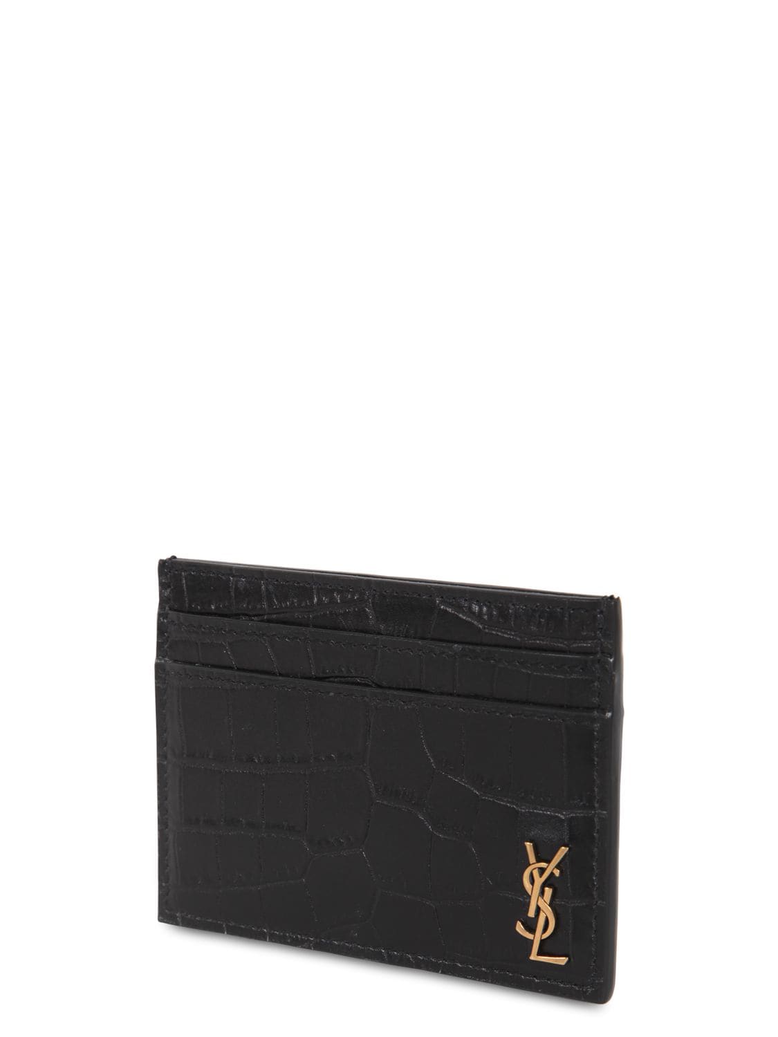 Saint Laurent Ysl Monogram Croc Embossed Leather Card Case In Nero 
