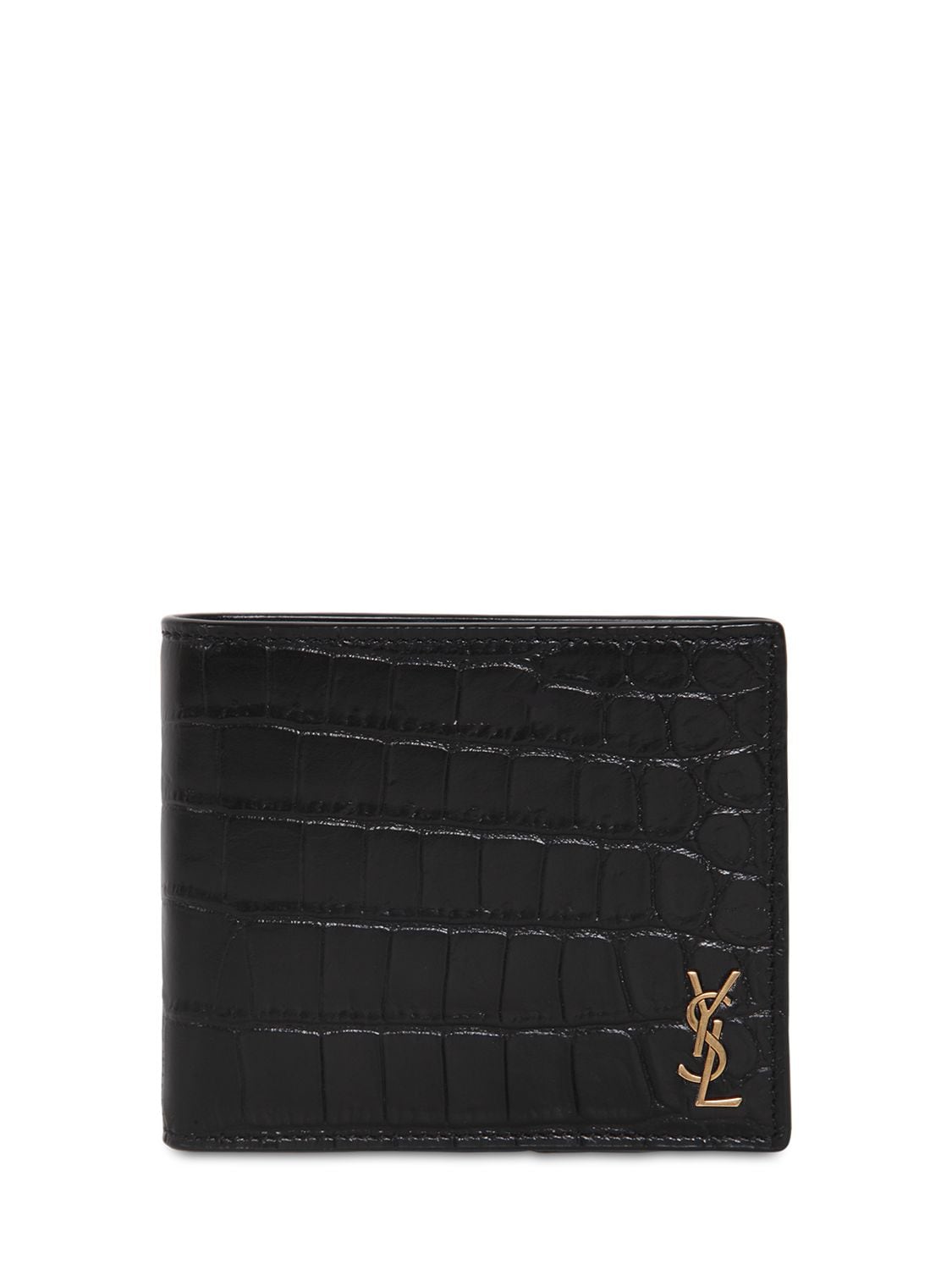 Shop Saint Laurent Croc Embossed Leather Billfold Wallet In Black