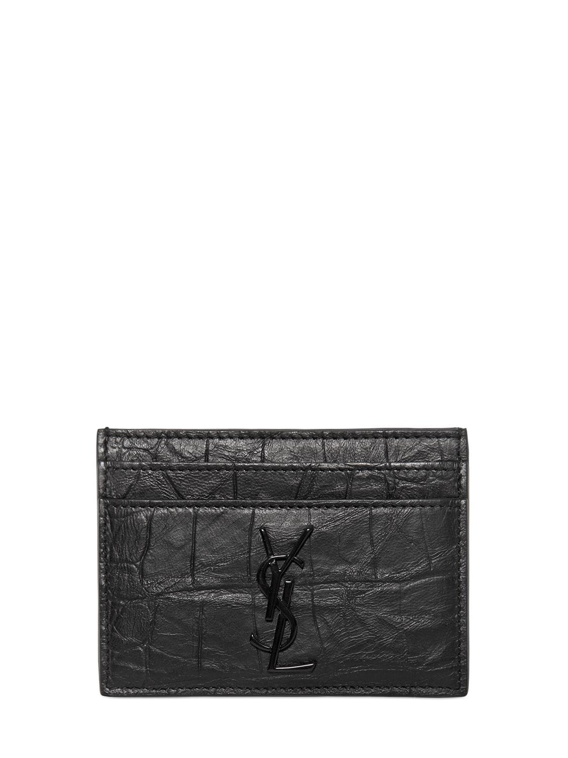 Saint Laurent Croc Embossed Leather Card Holder In Black