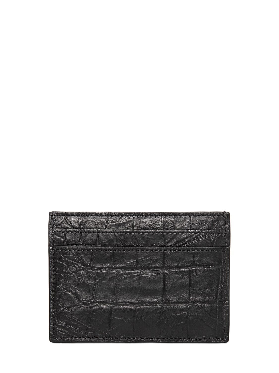 Shop Saint Laurent Croc Embossed Leather Card Holder In Black