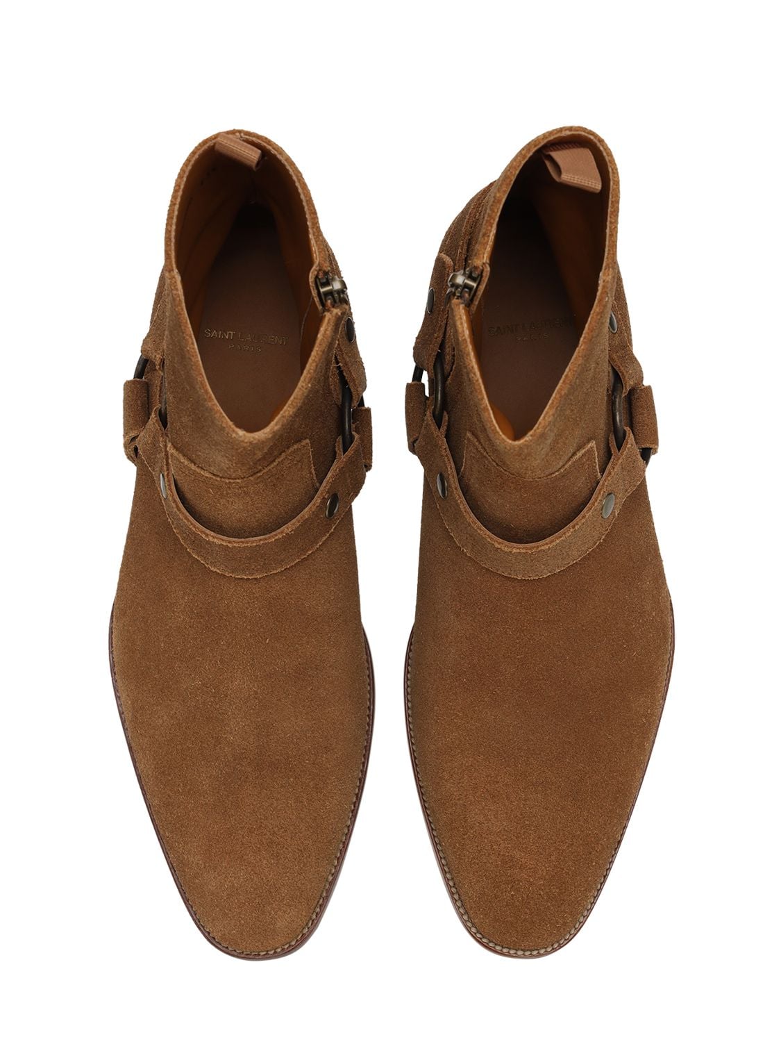 Shop Saint Laurent Wyatt Harness Suede Boots In Brown