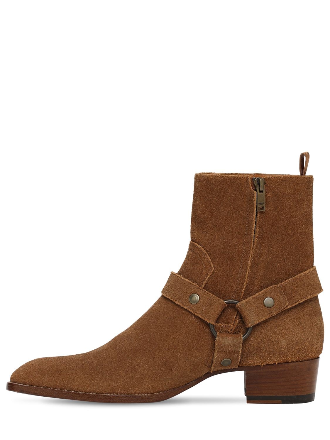 Shop Saint Laurent Wyatt Harness Suede Boots In Brown