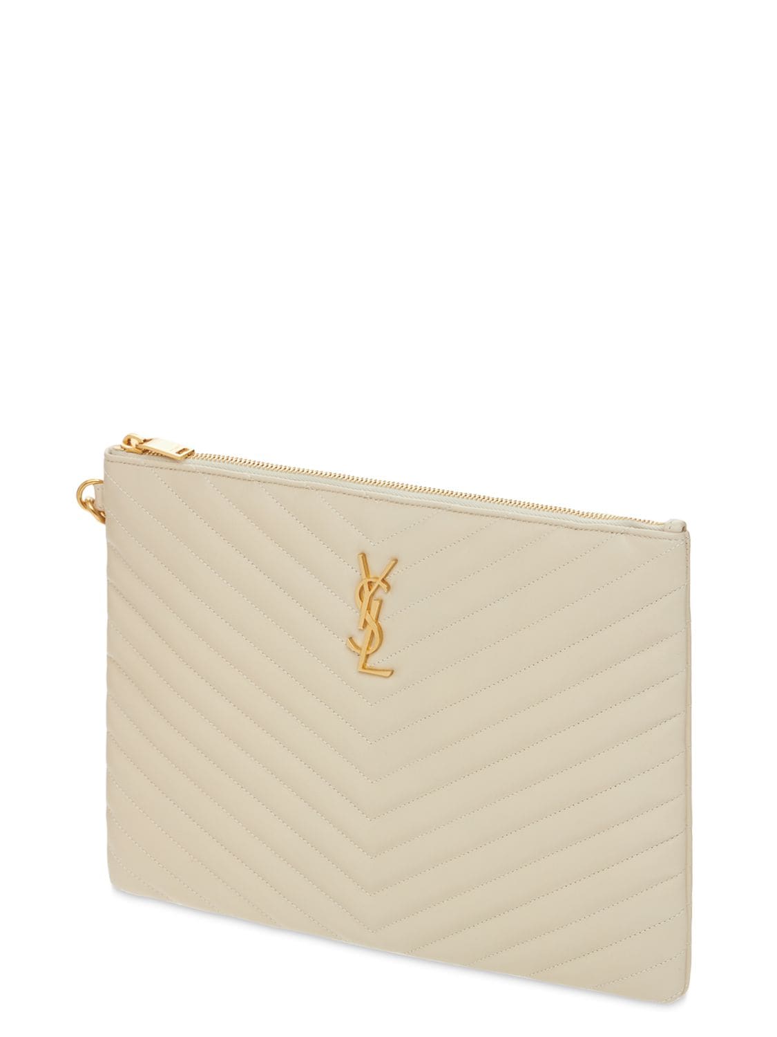 Shop Saint Laurent Medium Quilted Leather Pouch In Crema Soft