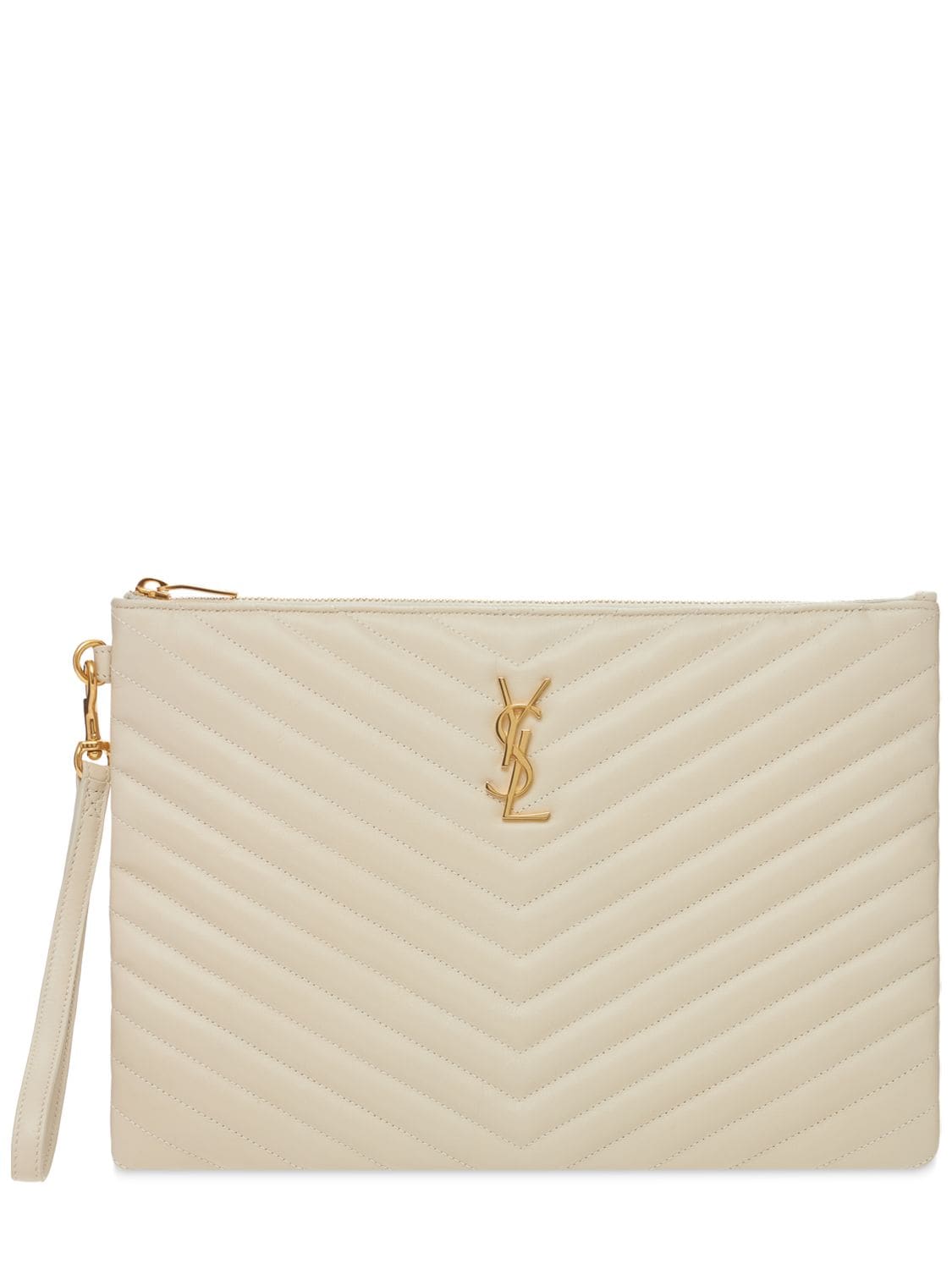 Shop Saint Laurent Medium Quilted Leather Pouch In Crema Soft