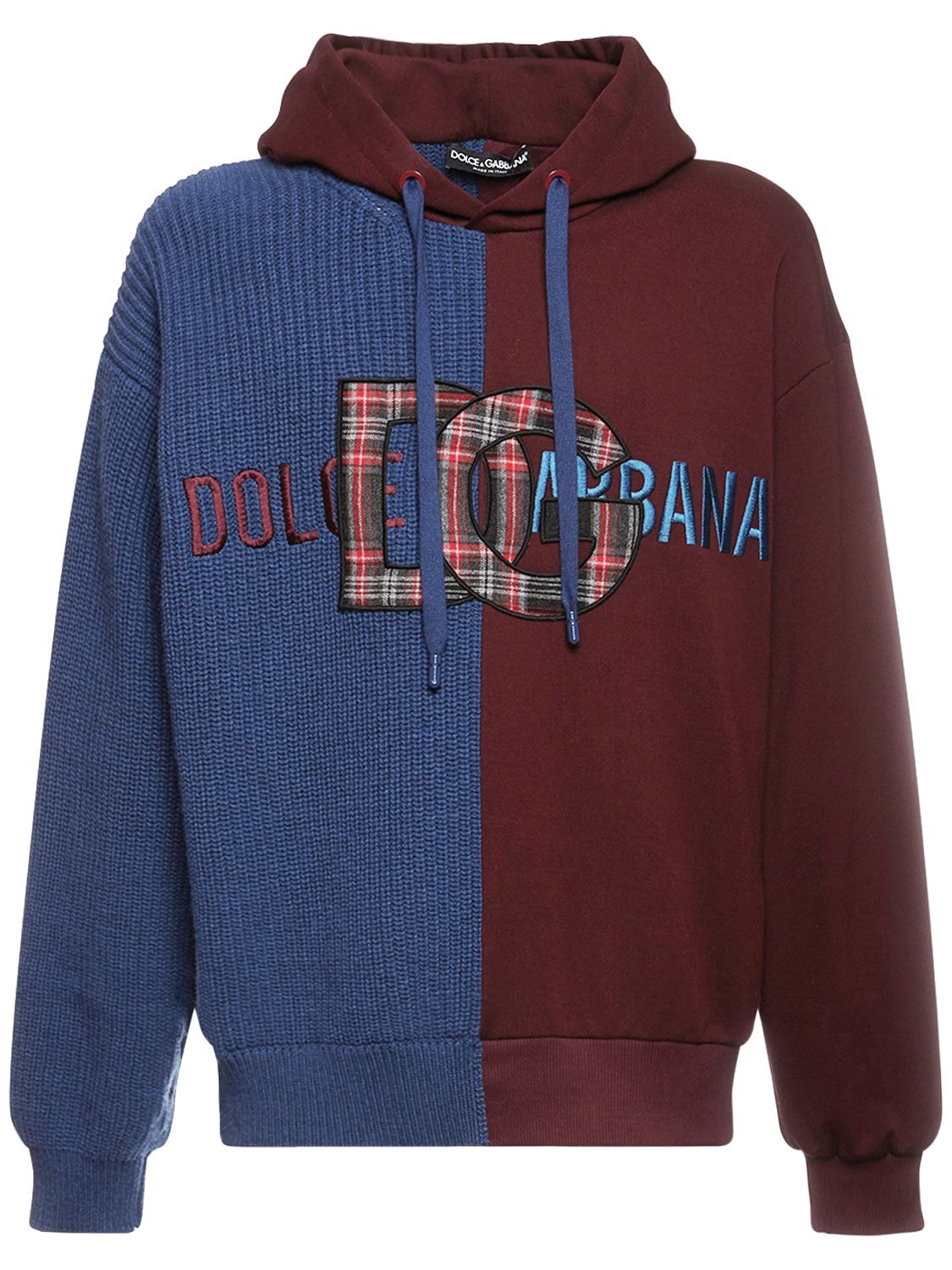 Dolce & Gabbana Logo Two Tone Wool Knit & Cotton Hoodie In Multicolor