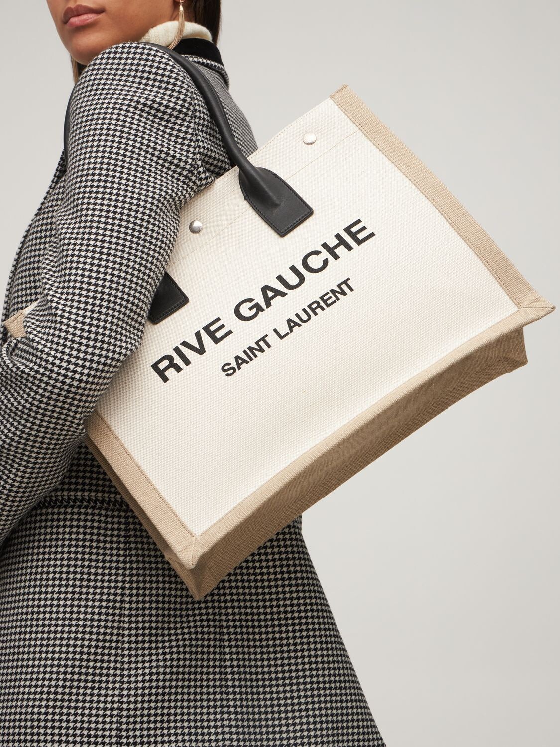 Shop Saint Laurent Small Rive Gauche Linen Tote Bag In Greggio,na