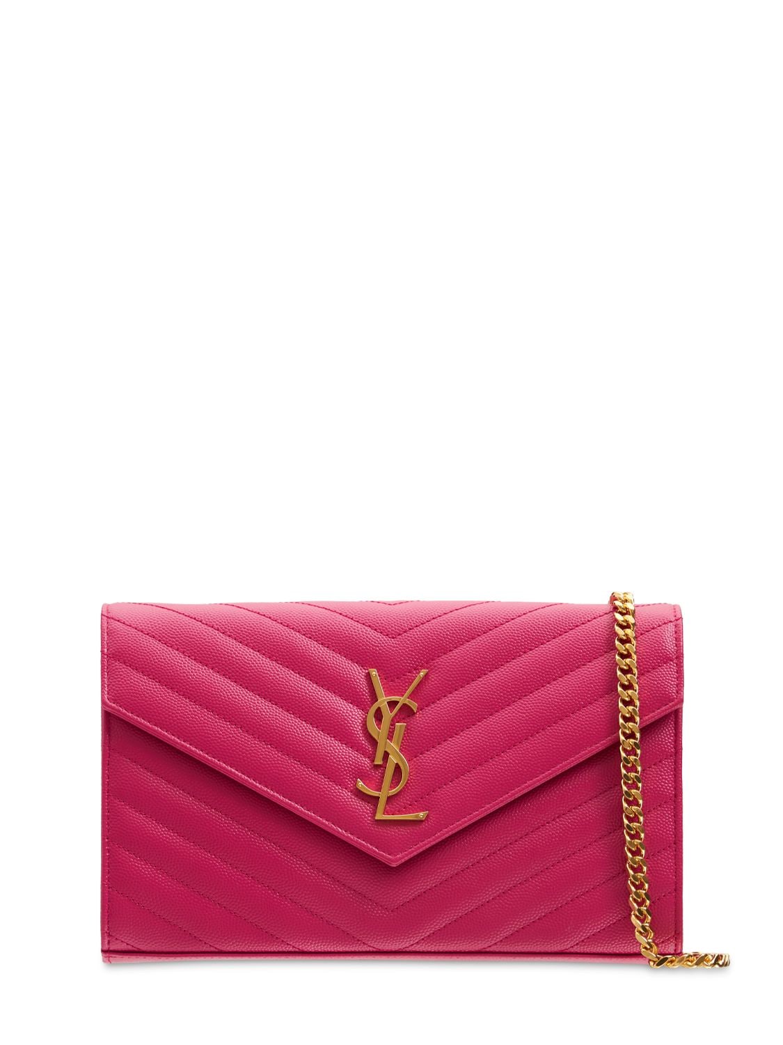 Saint Laurent Monogram Embossed Leather Chain Wallet In Fuxia Cout