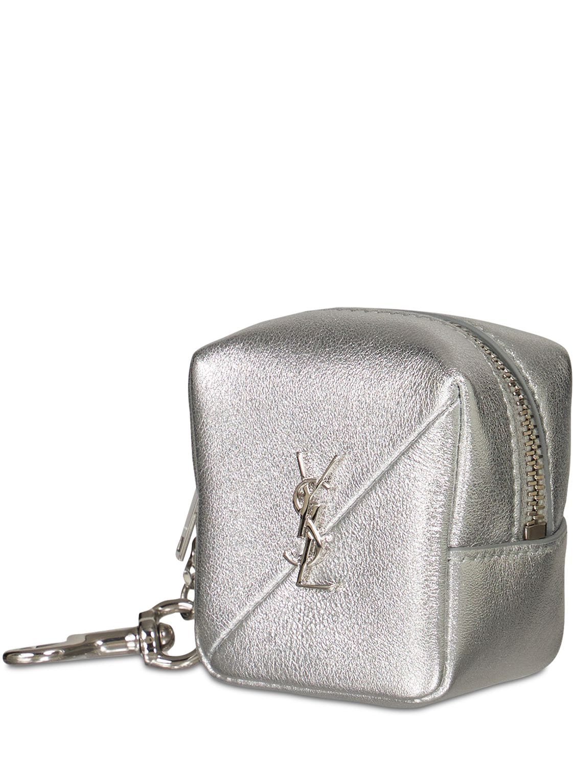 Saint Laurent Jamie Ysl Leather Square Pouch Key Chain Charm in Gray