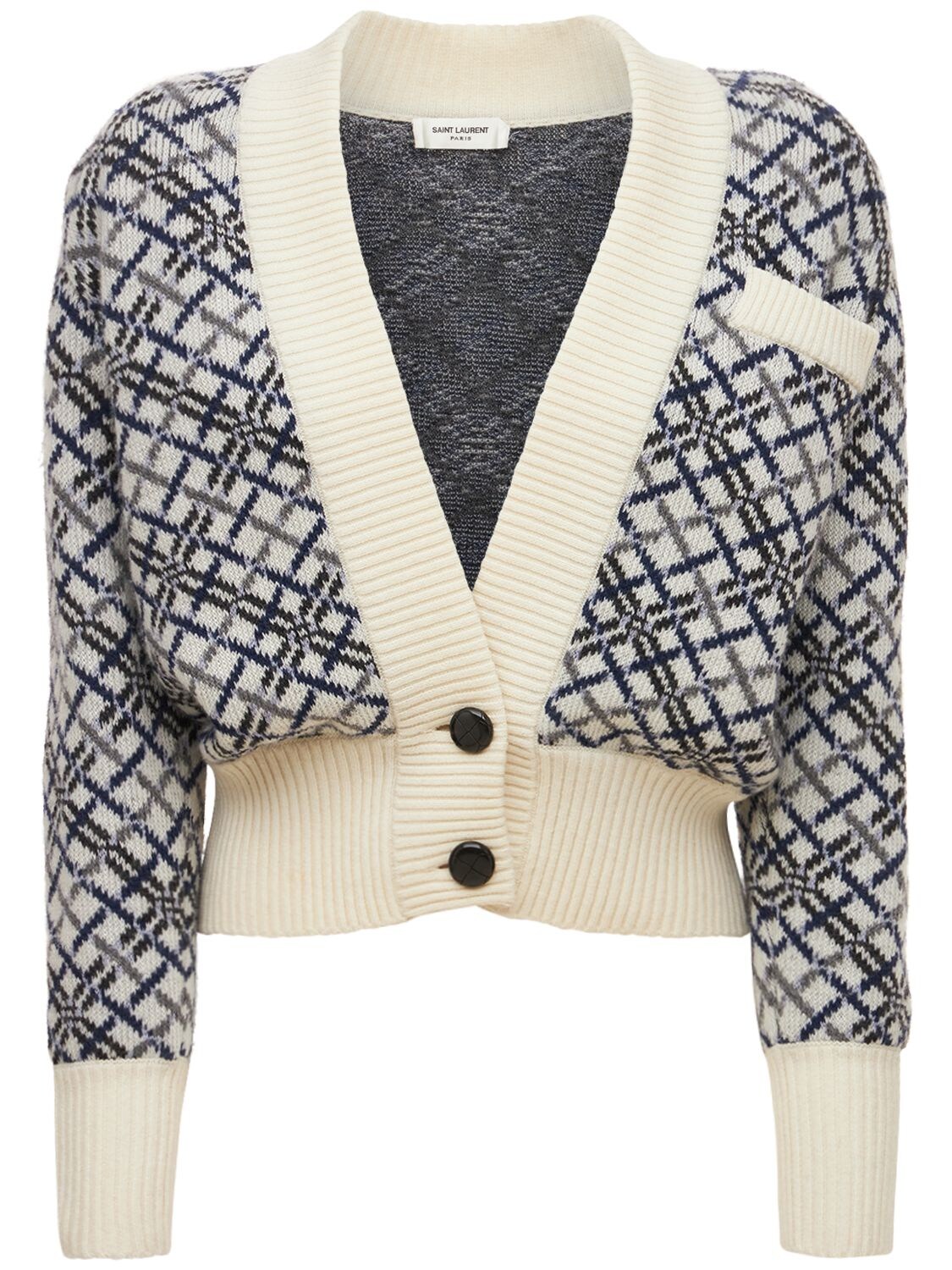 SAINT LAURENT WOOL JACQUARD BUTTON CARDIGAN,74I06C012-OTM1NW2