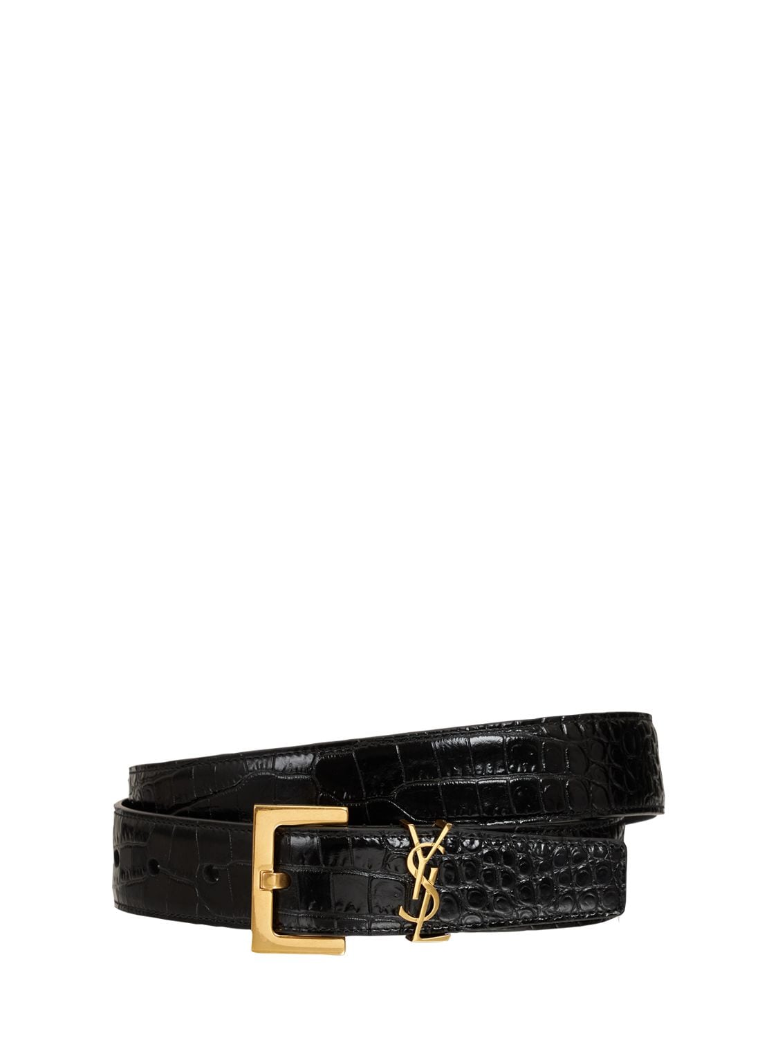 Saint Laurent Logo-plaque Croc-embossed Leather Belt In Black