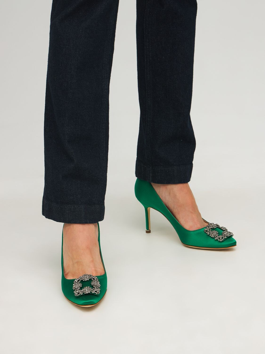 Shop Manolo Blahnik 70mm Hangisi Satin Pumps In Emerald