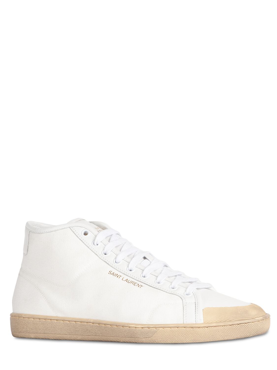Shop Saint Laurent Sl/39 Logo Cotton Canvas Mid Top Sneaker In Off White