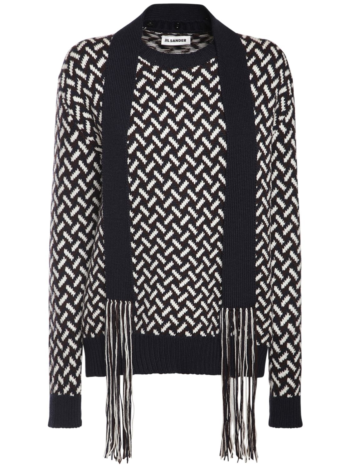 Jil Sander Fringed Tie-neck Intarsia Wool Sweater In Navy,multi