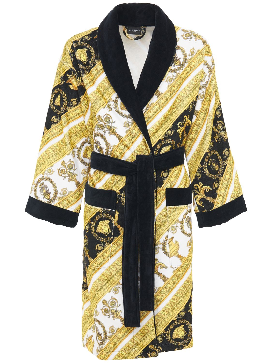 Versace Barocco & Dressing Gown Cotton Bathrobe In Gold,white