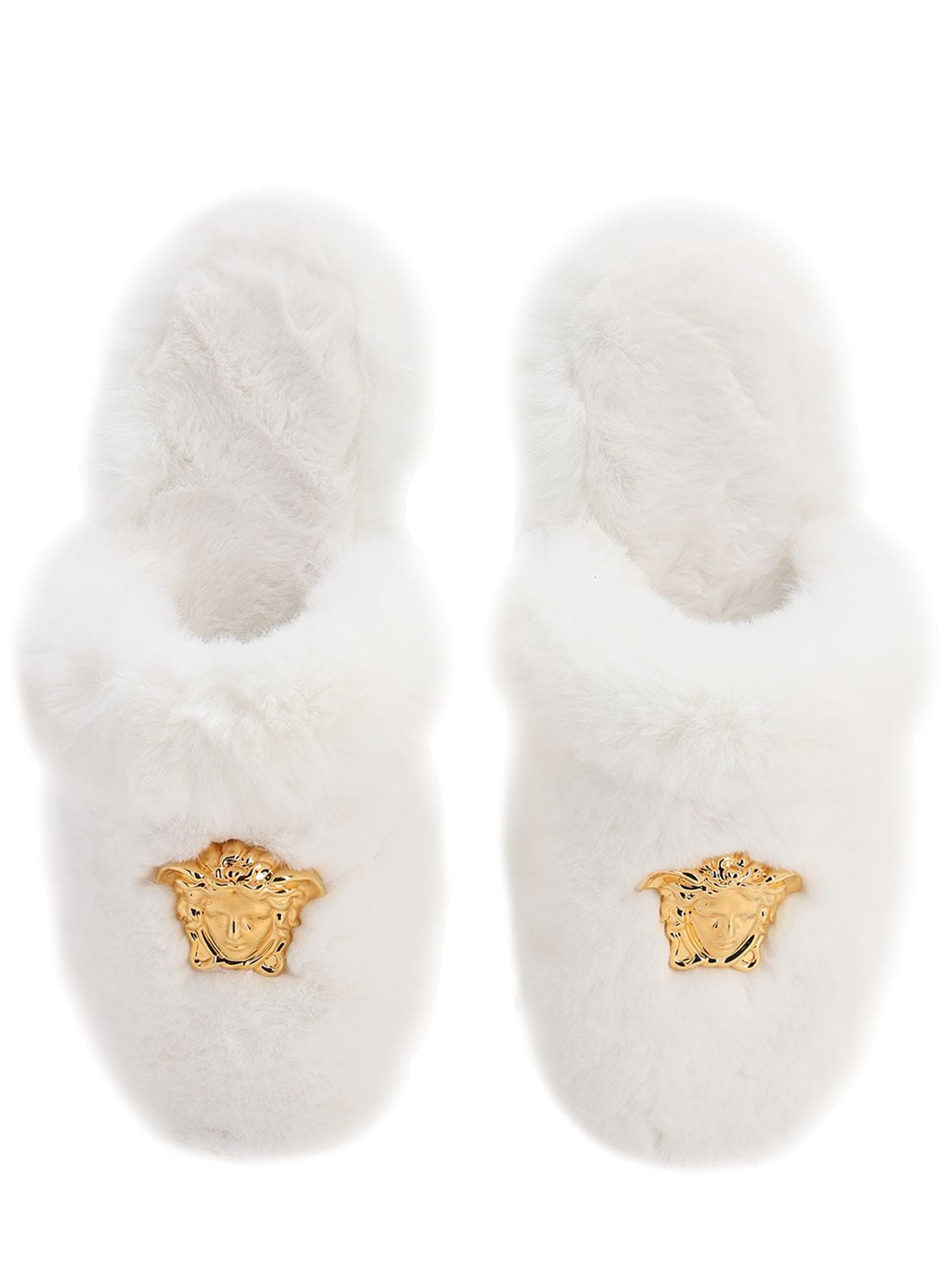 Shop Versace Medusa Faux Fur Slippers In White,gold