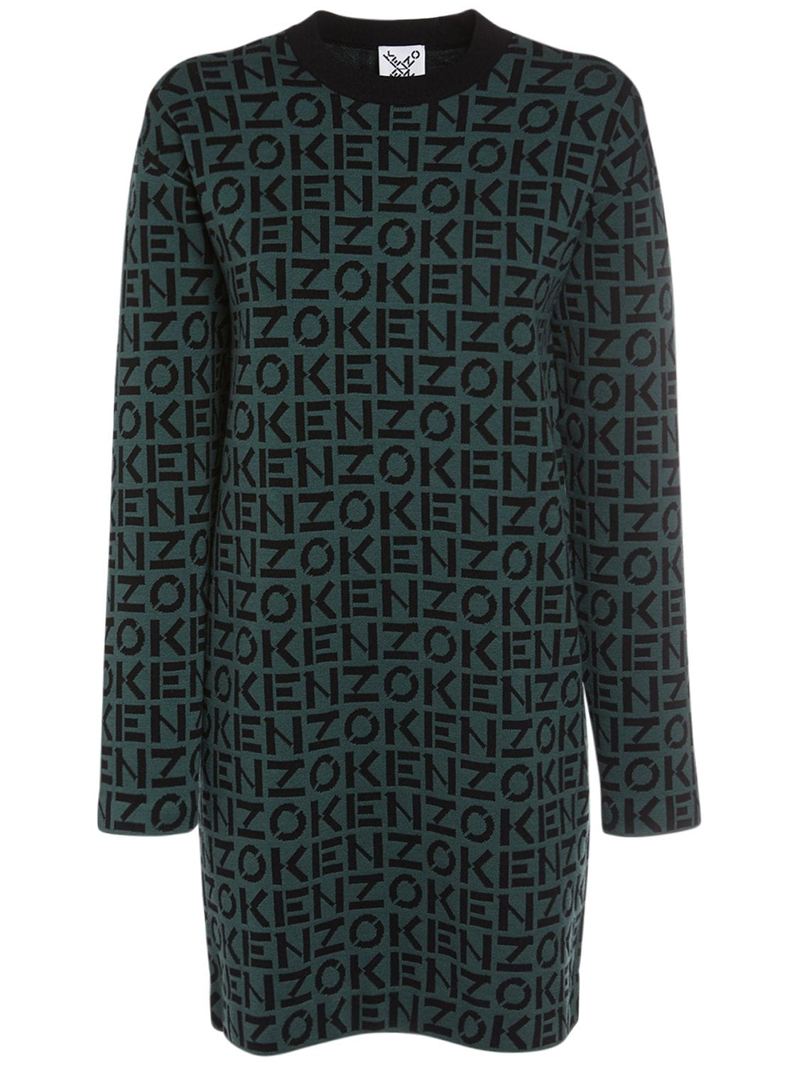 Kenzo Monogram Cotton Blend Knit Mini Dress In Green