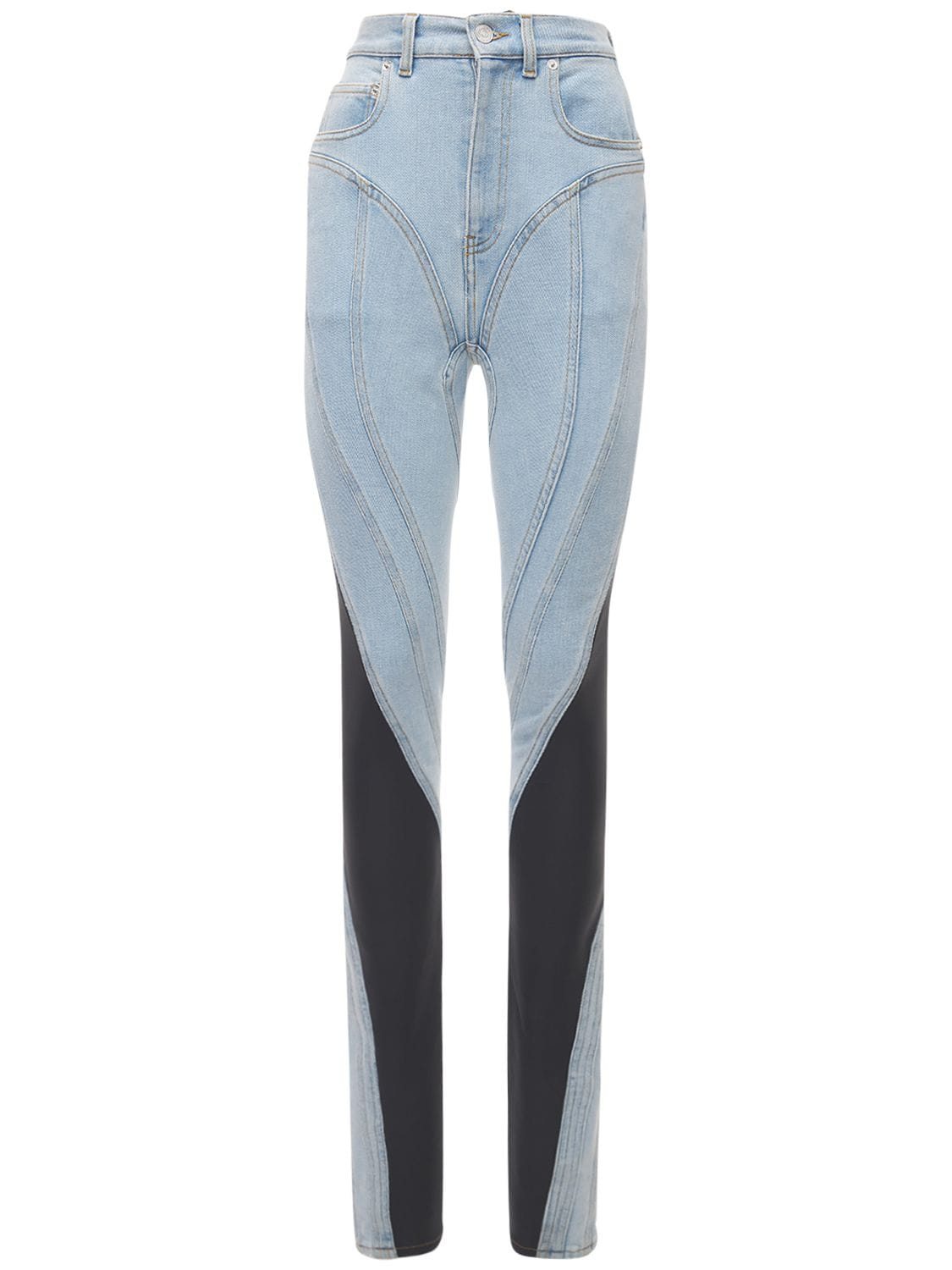 MUGLER High Rise Stretch Denim & Jersey Jeans