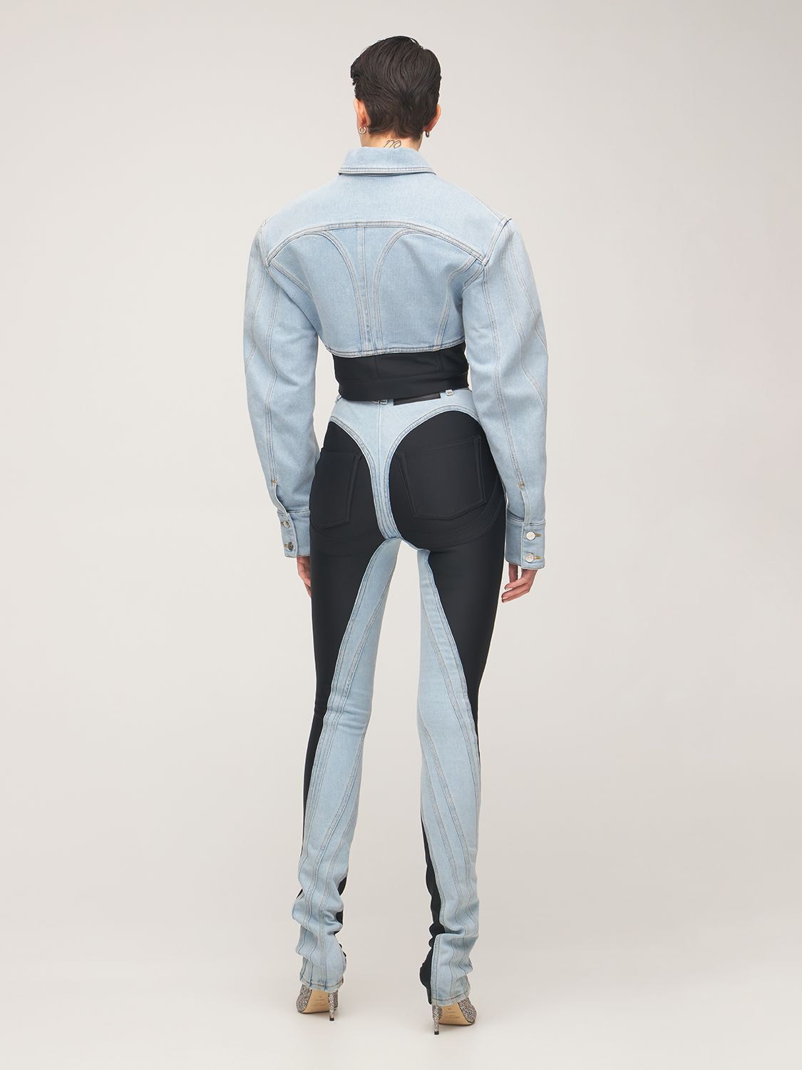 Shop Mugler Stretch Denim & Jersey Jacket In Blue,black