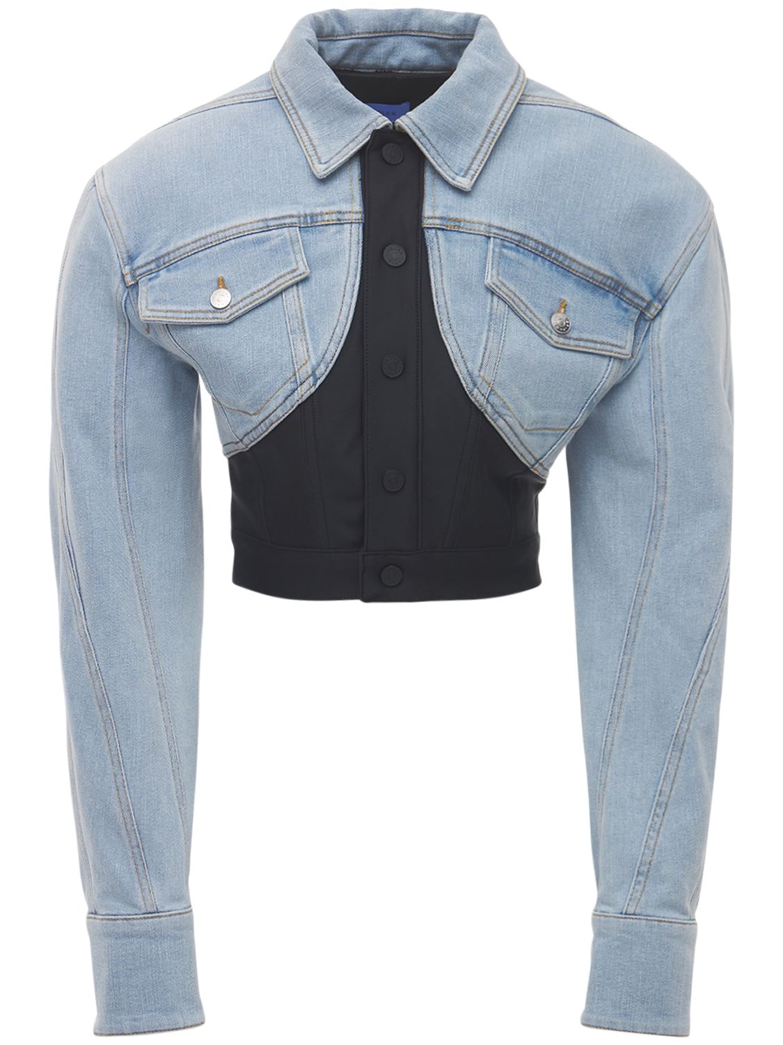 Cropped Paneled Neoprene-trimmed Stretch-denim Jacket In Blue