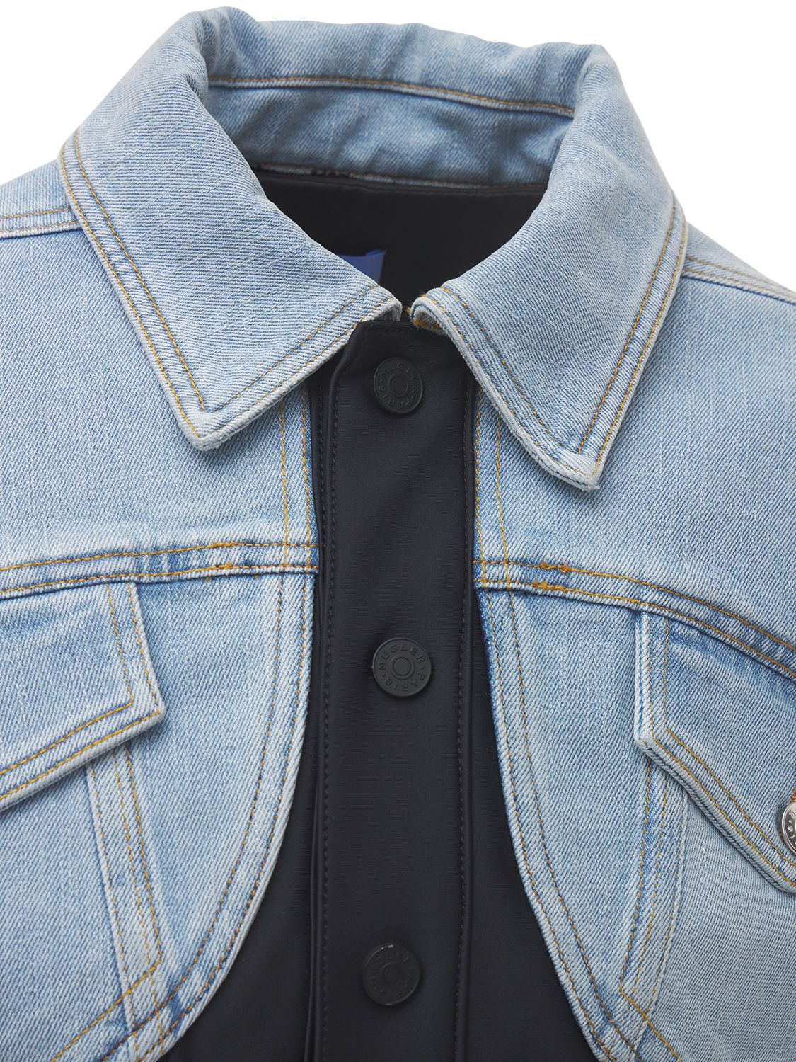 Shop Mugler Stretch Denim & Jersey Jacket In Blue,black