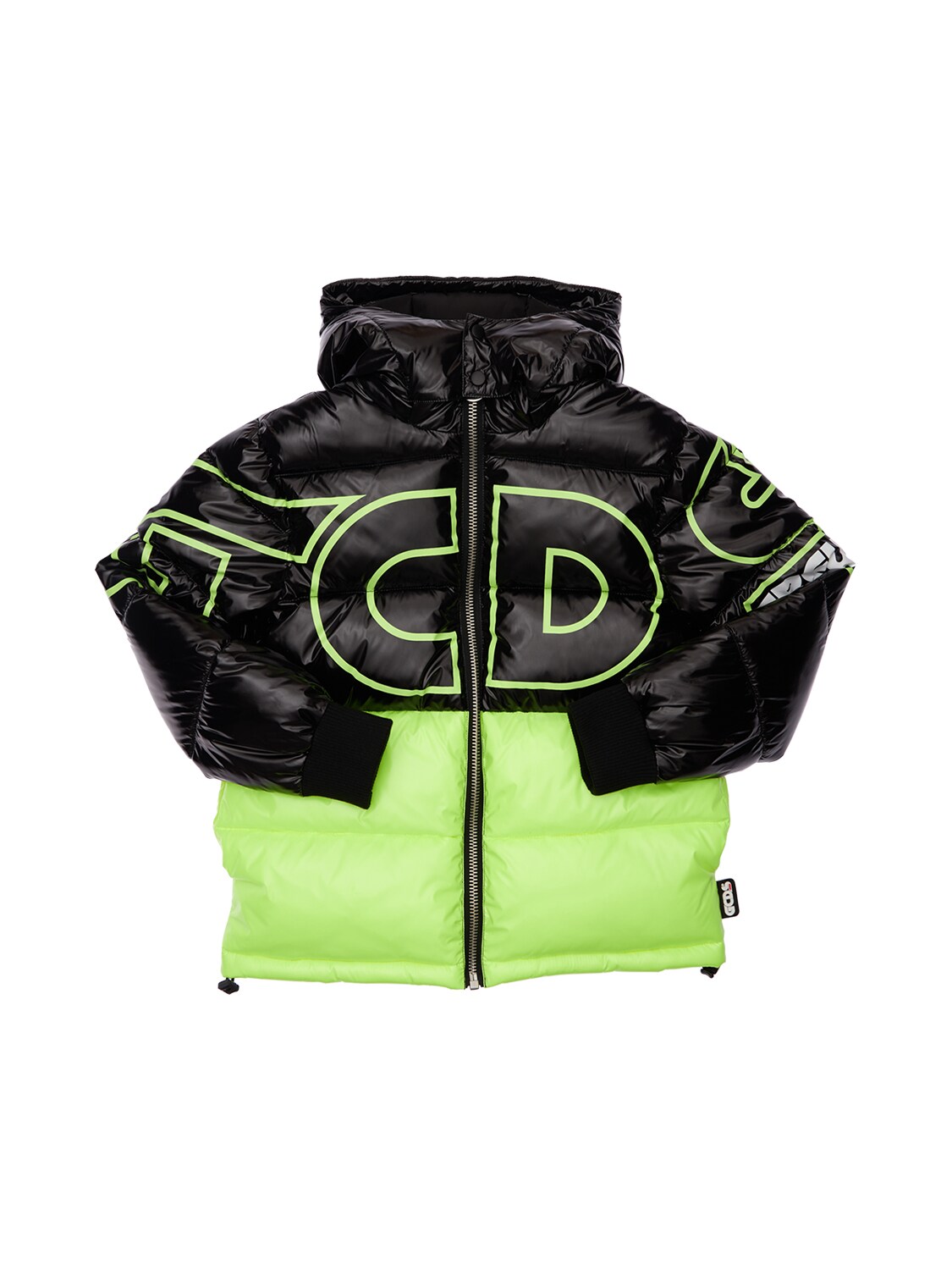 Gcds Kids' Logo Print Nylon Puffer Jacket In Black,neoyellow