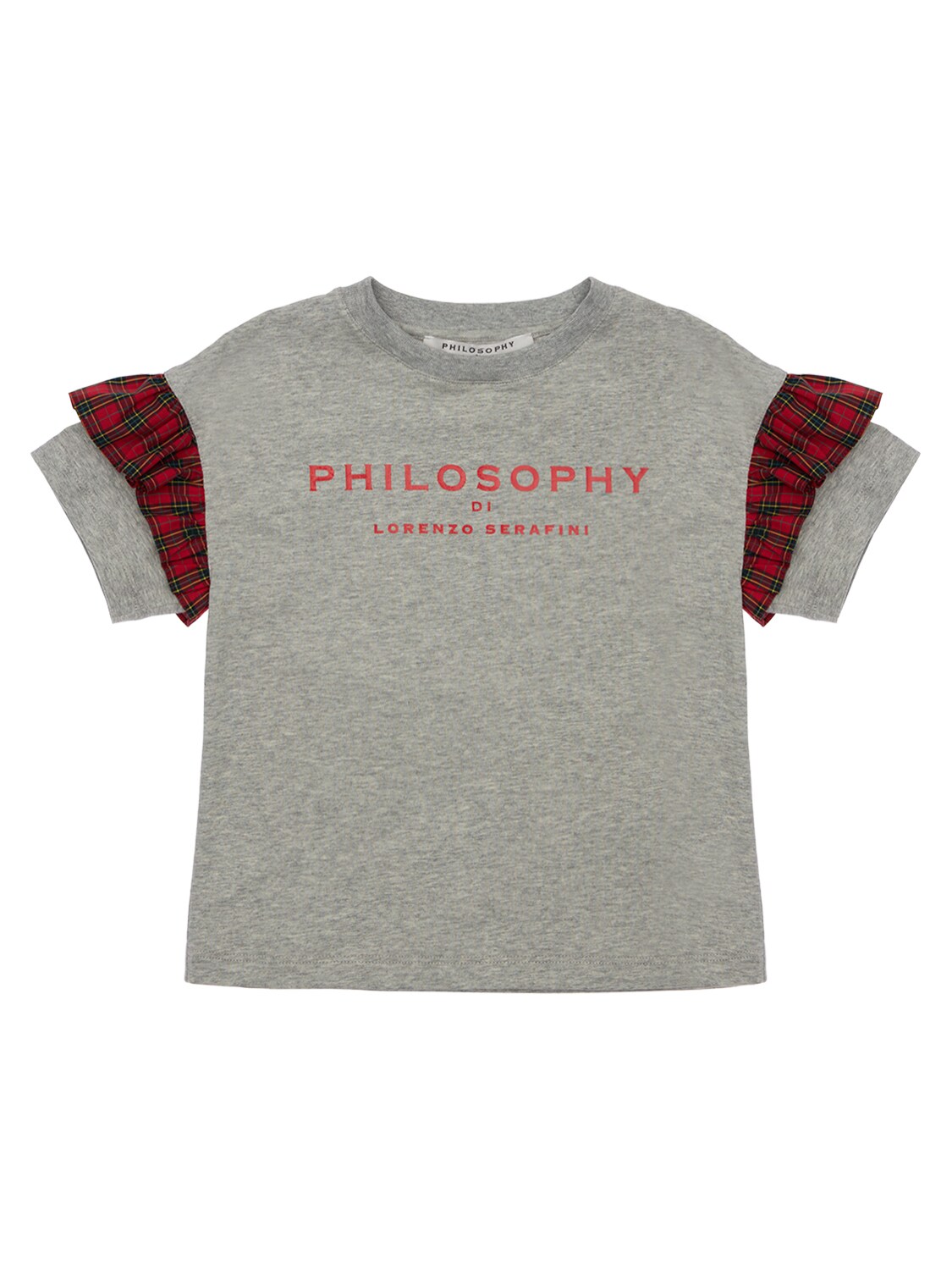 Philosophy Di Lorenzo Serafini Kids' Logo Cotton T-shirt W/ Tartan Ruffles In Grey