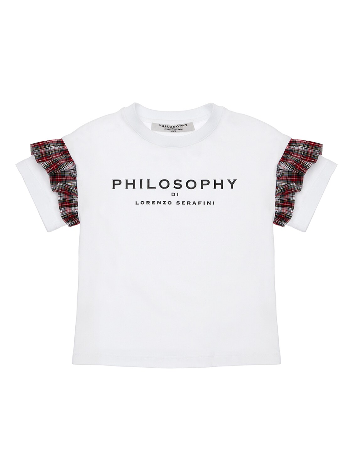 PHILOSOPHY DI LORENZO SERAFINI LOGO COTTON T-SHIRT W/ TARTAN RUFFLES,74I1VN055-QJAWNQ2