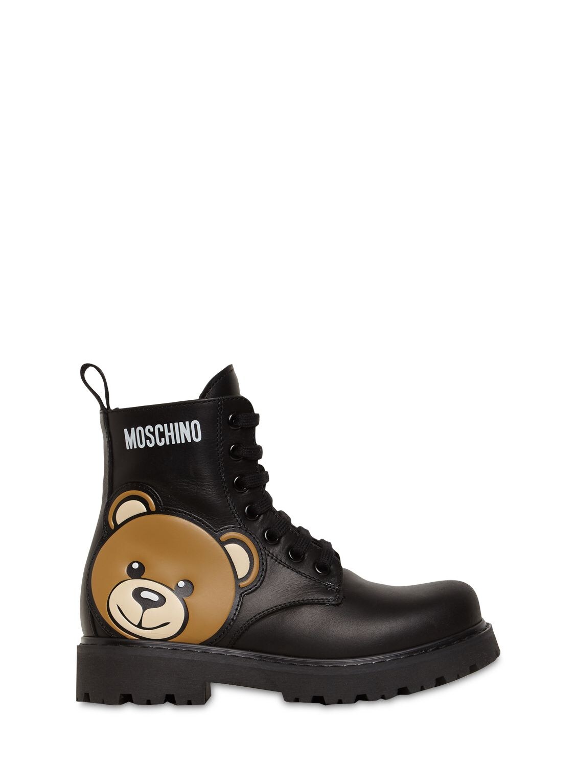 MOSCHINO LEATHER COMBAT BOOTS W/ TEDDY PATCH,74I1W4006-VKFSIDE1