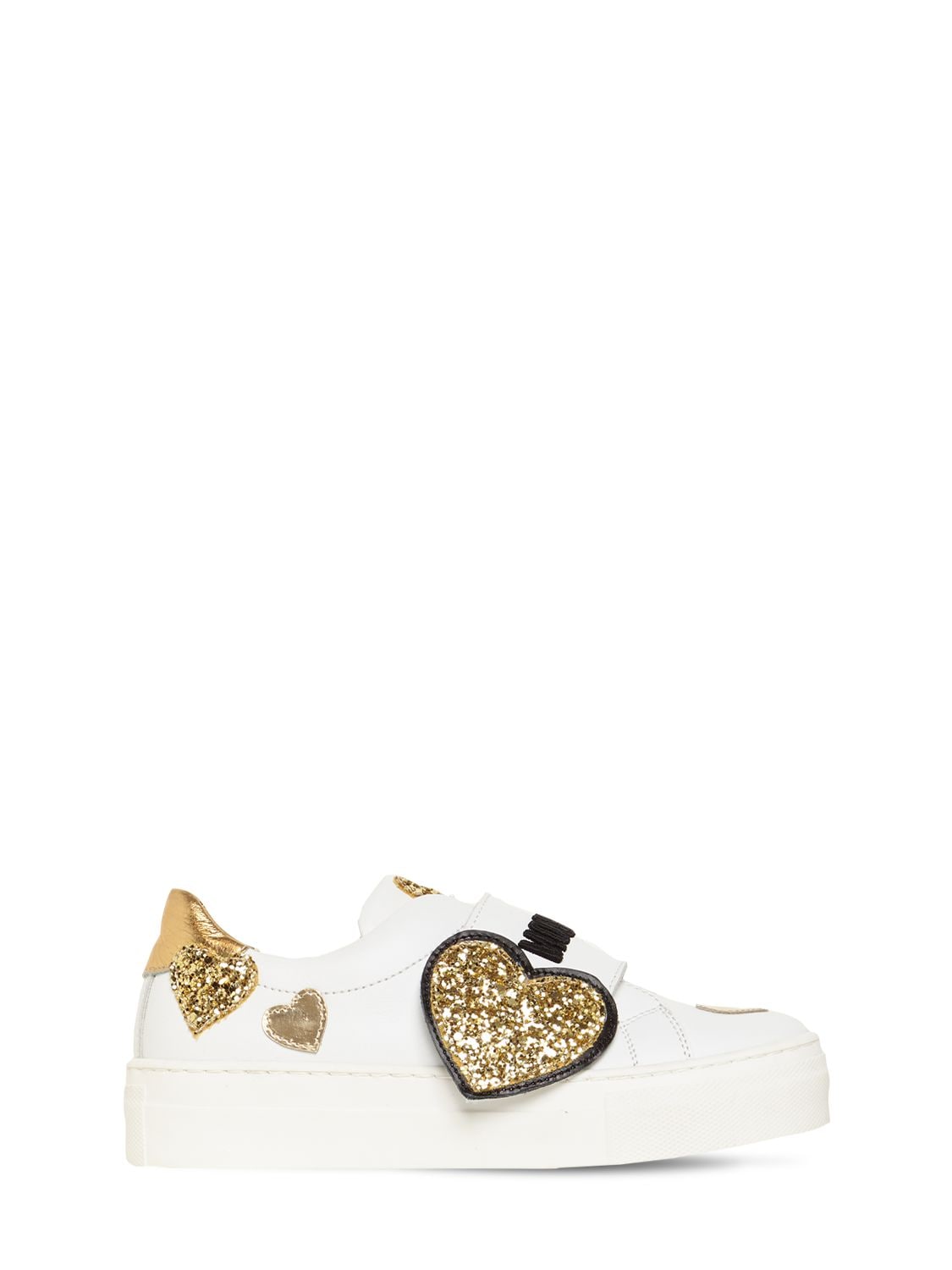 MOSCHINO GLITTERED HEARTS STRAP LEATHER SNEAKERS,74I1W4012-VKFSIDE1