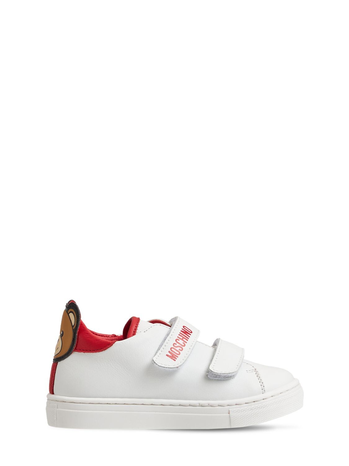 Moschino Kids' Leather Strap Sneakers W/ Patch In White,red