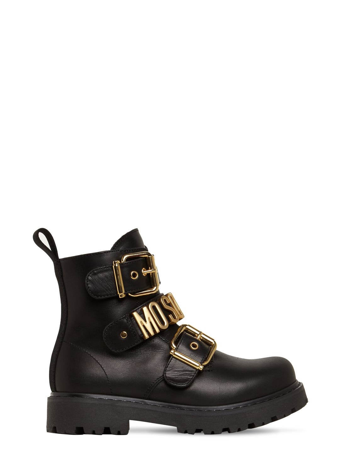 Moschino Kids' Logo Leather Boots In Black | ModeSens